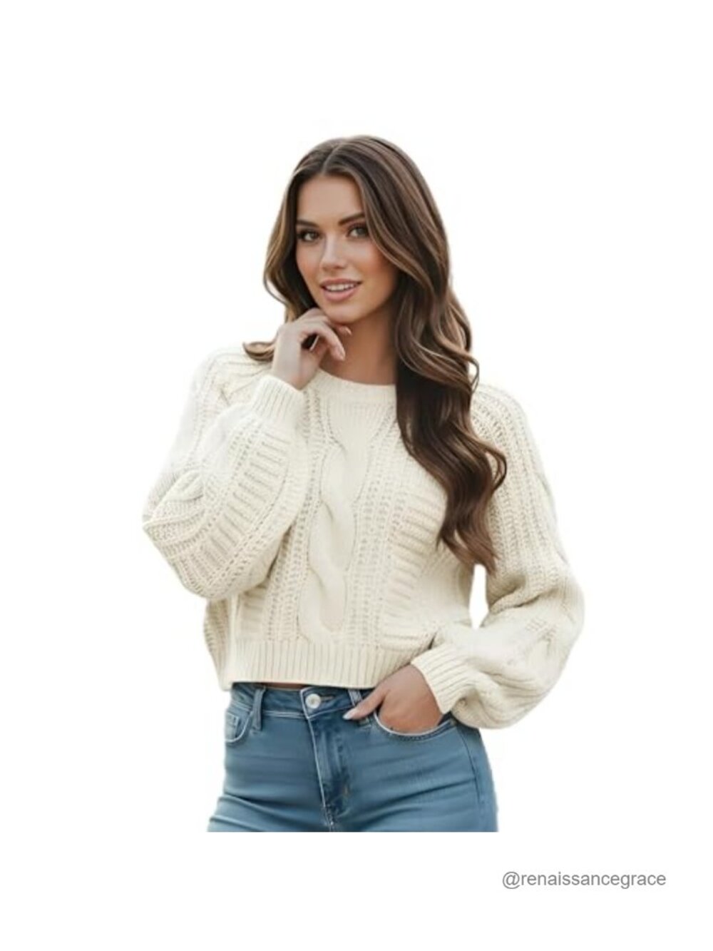 Cropped Cable Knit Sweater Soft Warm Long Sleeve Pullover Casual Knit Top